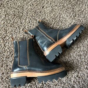 Free People Black Leather Chunky Sole Chelse Boots